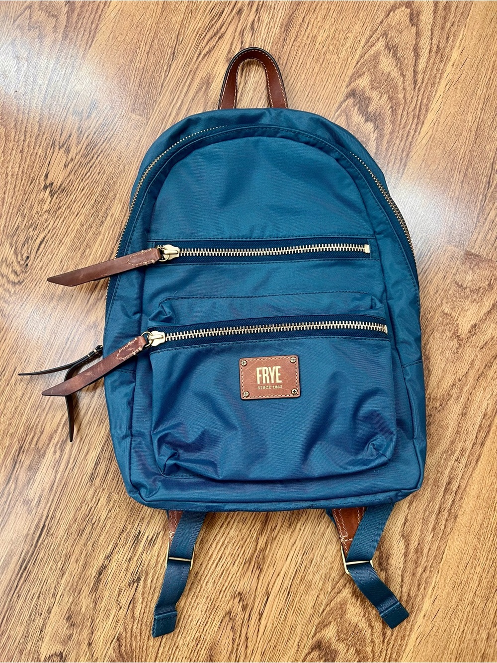 Frye Blue/Teal Nylon Backpack with Leather Trim Gold Zipper Accents